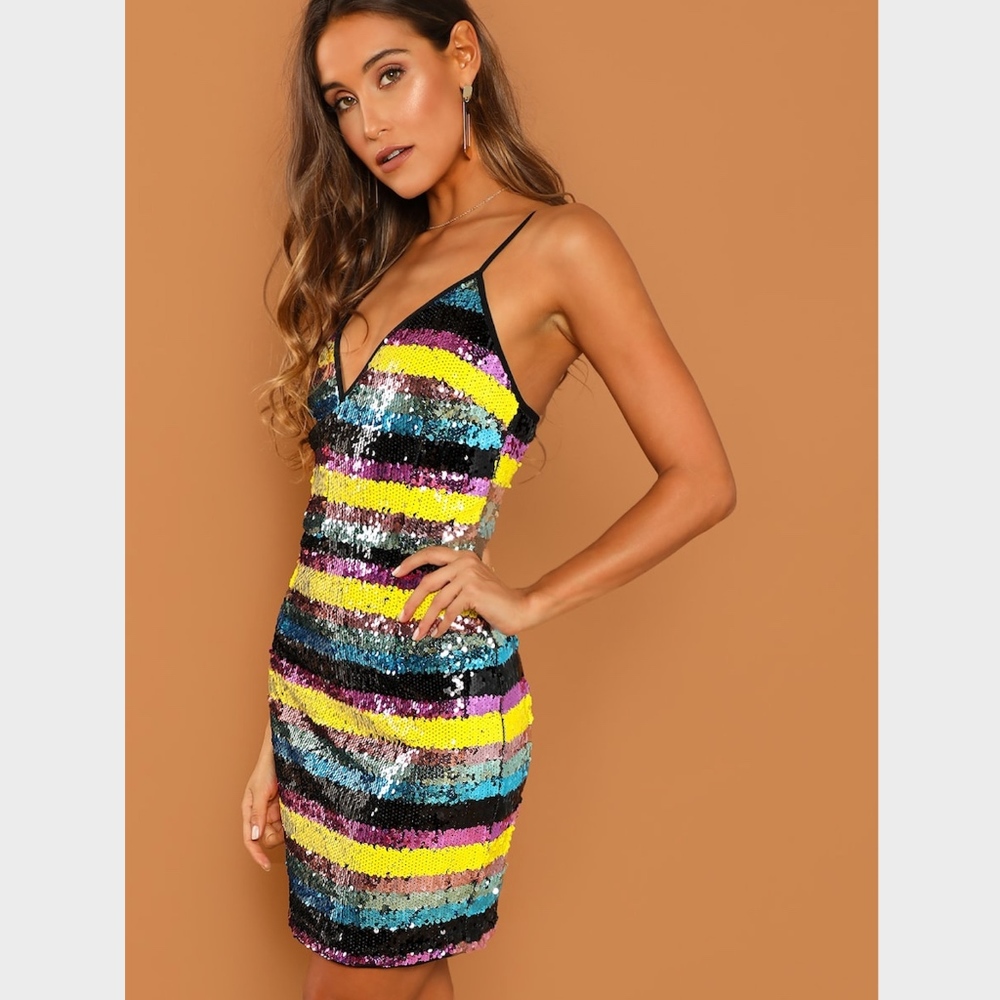 Sequin Plunging V-Neck Cami Mini Dress Striped - Picture 2 of 7